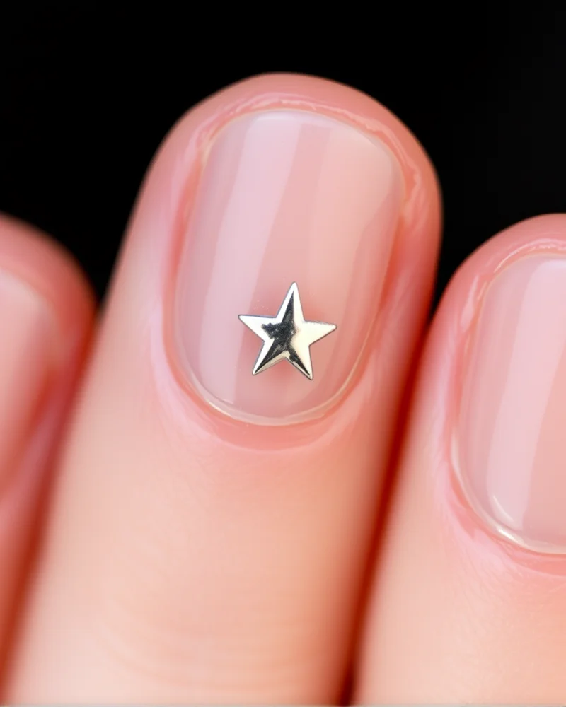 7 Viral Short Fourth of July Nails That Look Expensive 4 Short rounded nails with a sheer nude base and dainty, metallic silver star accents, reflecting a minimalist and modern holiday style.