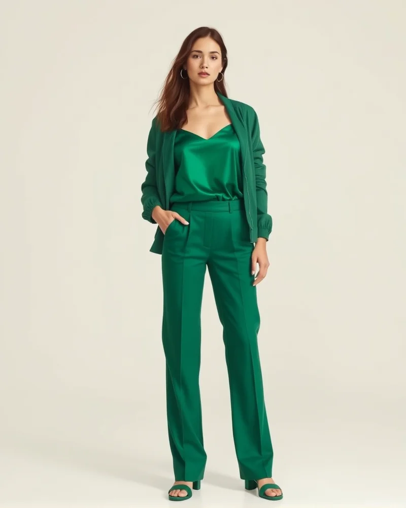 A woman elegantly styled in a monochromatic emerald green outfit, showcasing a chic and modern fashion-forward look.