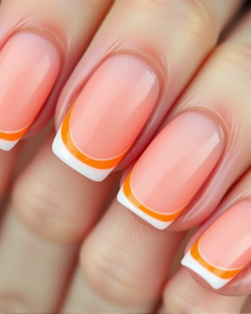 Close-up of square nails with double neon orange and white French tips over a nude base.