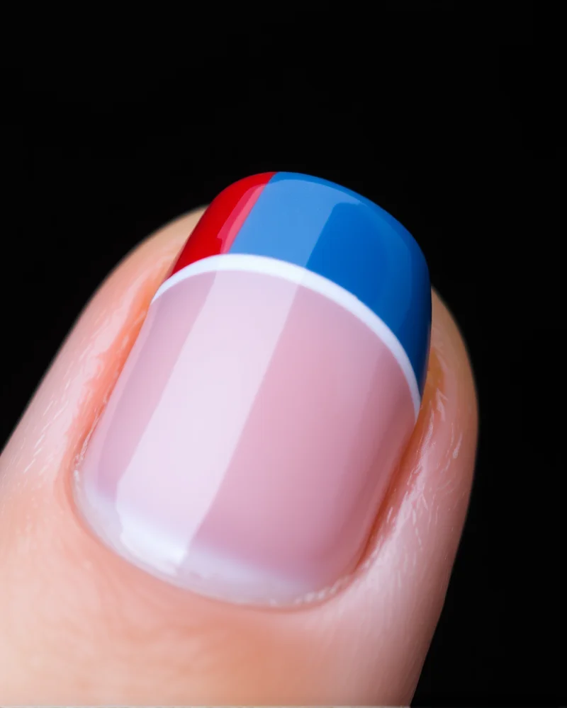 Close-up of short, naturally rounded nails featuring a playful French tip design with red, white, and blue stripes.