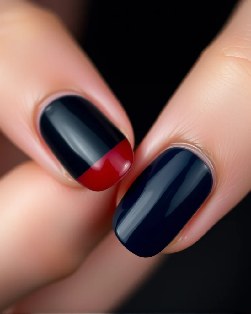 7 Chic Short 4th of July Nails Ideas to Elevate Your Holiday Look 4 Short rounded nails showcasing ultra-thin micro-french tips in alternating deep red and navy blue shades.