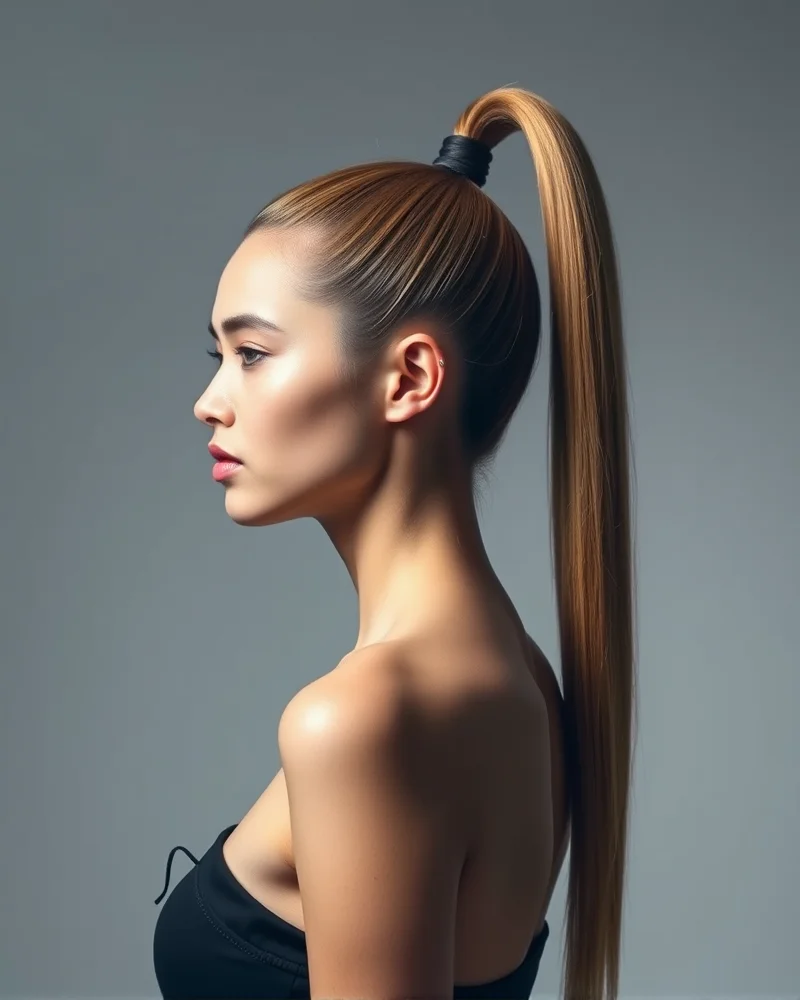 7 Fourth of July Hairstyles That Will Dominate Your Summer Feed 4 A woman wearing a high, sleek, and glossy ponytail that highlights the extreme smoothness and shine of her hair.