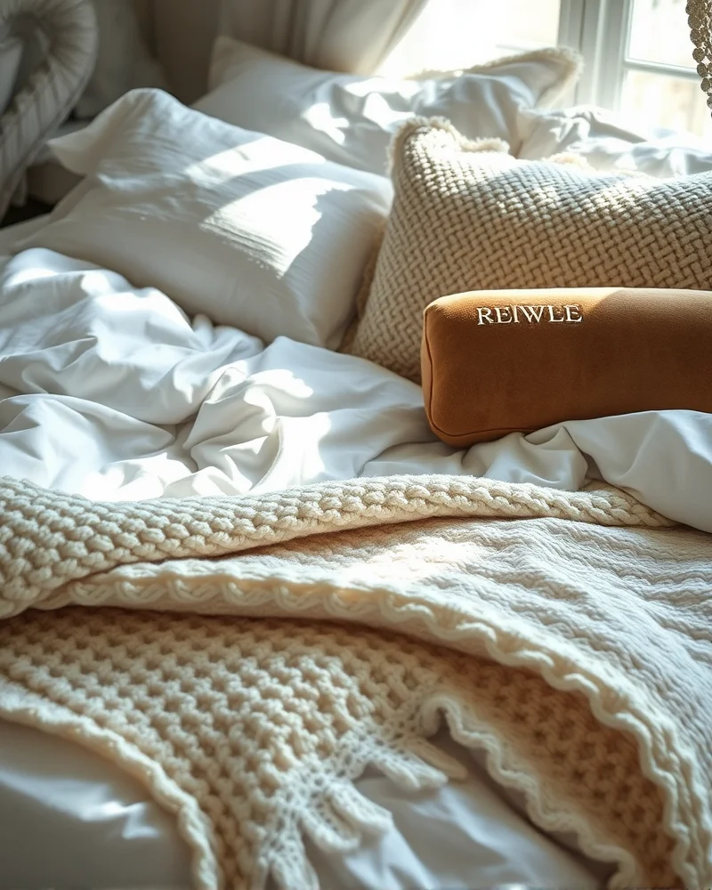 A luxurious bed layered with various textures like chunky knits, velvet, and lace, emphasizing comfort and a cozy, magical vibe.