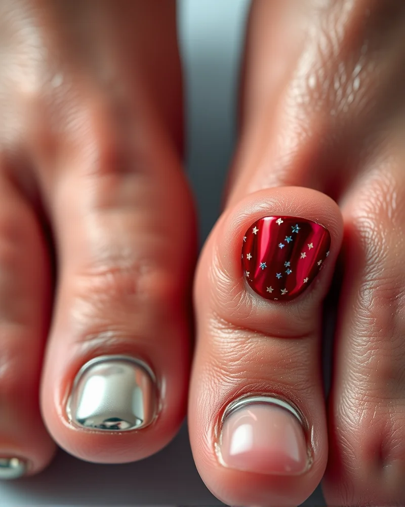 7 Stunning 4th of July Pedicure Ideas to Elevate Your Summer Style 4 A futuristic pedicure showing reflective chrome nails in metallic red and silver with subtle blue stardust details.