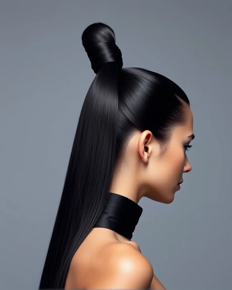 7 Viral 4th of July Hair Ideas That Will Own the Fireworks Show 4 A woman with jet-black hair styled in a polished, high-gloss ponytail with a wrapped base, captured in studio lighting.