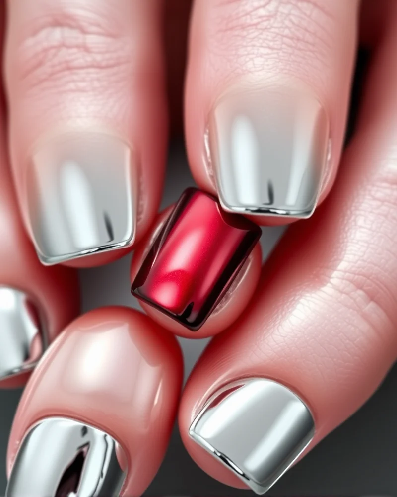 7 Patriotic Perfection: The Most Viral 4th of July Toenail Designs of the Season 4 Reflective silver chrome toenails with a single deep cherry red accent nail, captured in bright natural light.