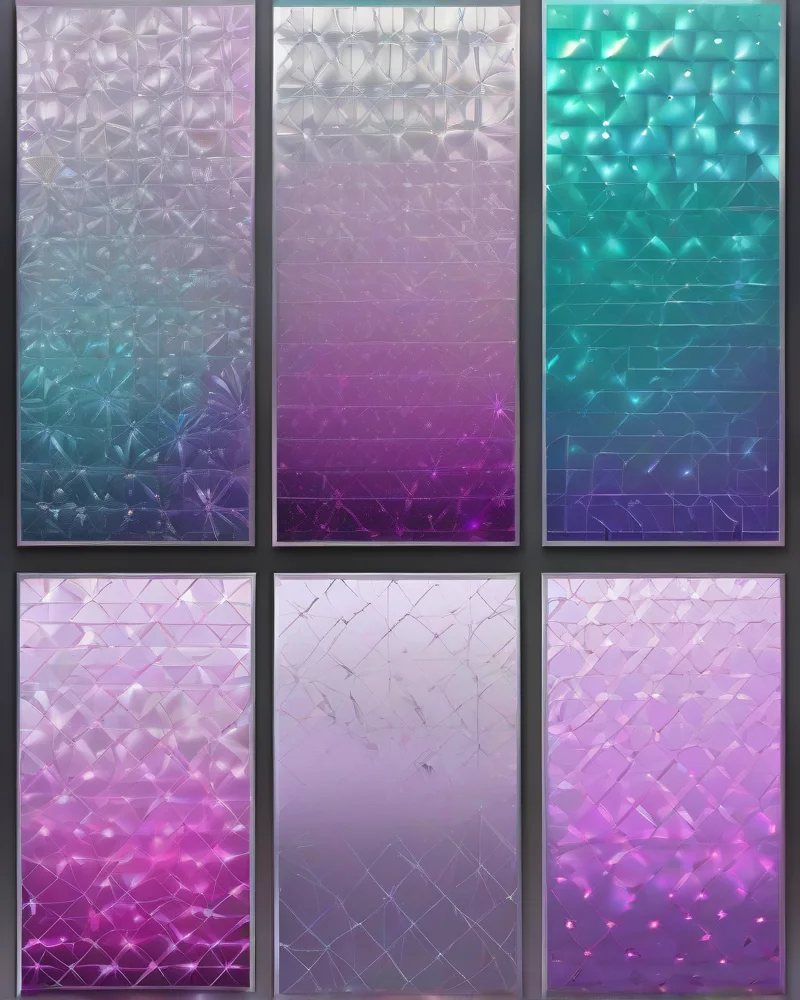 A 2x2 comparison grid of firework nails, showcasing chrome finishes in lavender, silver, teal, and magenta, each with holographic firework patterns.