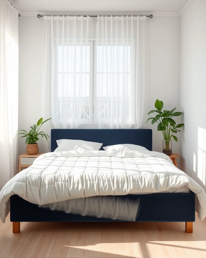 A high-contrast bedroom setup featuring a clean white quilted coverlet against a dark navy blue bed frame in a sunlit room.