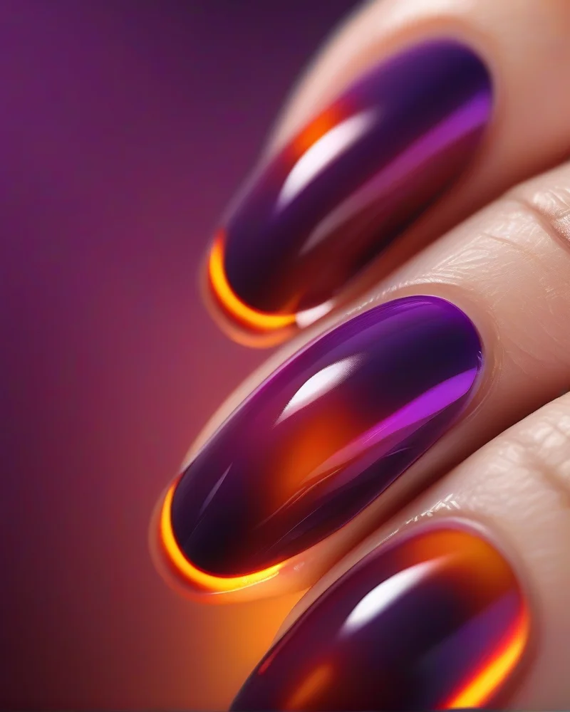 7 July Nails Ideas That Are Taking Over Your Feed This Summer 4 Oval nails featuring a smooth, airbrushed sunset gradient transition from orange to violet, finished with a high-shine glossy top coat.