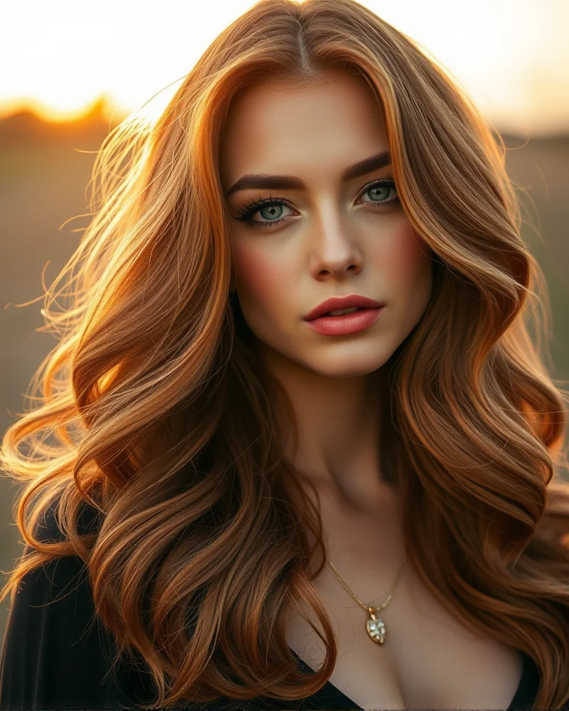 A woman with long, layered copper-toned wavy hair and a monochromatic peach makeup look, lit by golden hour sunlight.