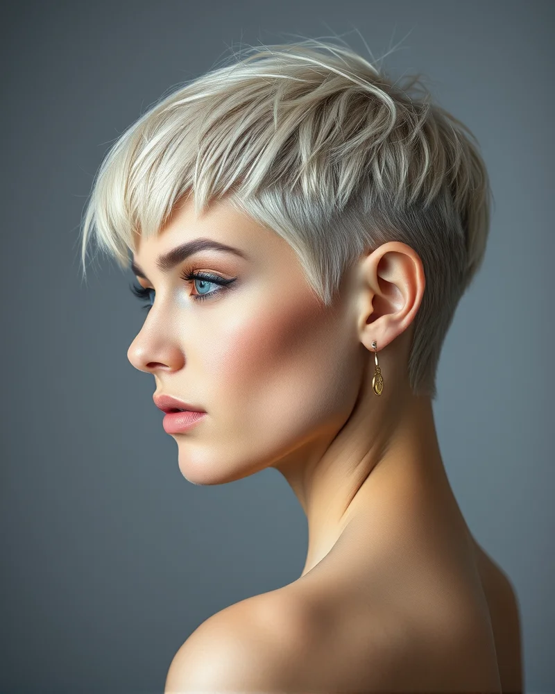 A detailed profile shot of a woman with a chic, short pixie cut dyed in a bold platinum blonde color.