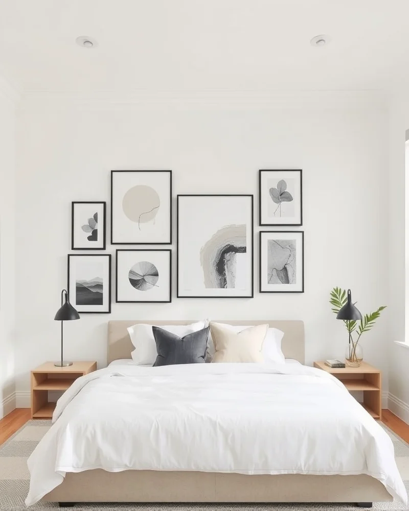 7 Dreamy Newlywed Bedroom Styling Hacks for a Romantic Sanctuary 5 A bedroom wall decorated with a cohesive gallery wall featuring black and white abstract art above a neutral-colored bed.