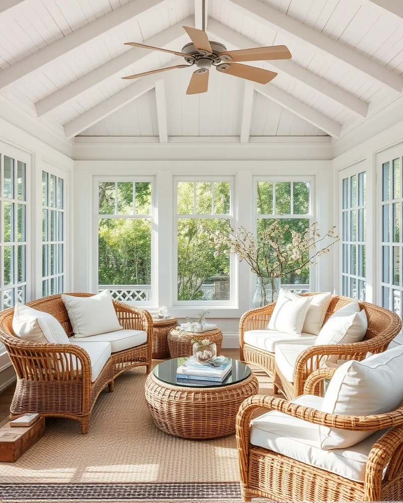 7 Viral Beach Hacks Kids Need for a Stress-Free Summer 5 A sunroom filled with natural textures, rattan furniture, and decorative glass vases displaying collected seashells.