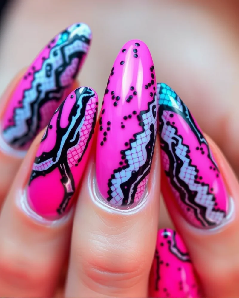 7 Sizzling Snake Nail Designs That Are Taking Over Your Feed 5 Long almond-shaped nails painted in vivid neon pink with bold, contrasting black and white snake skin patterns.