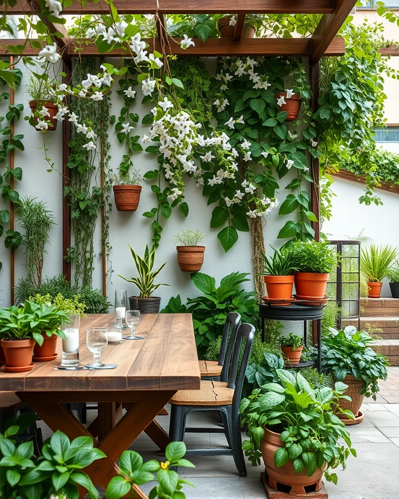 7 Viral Outdoor Dining Area Ideas to Elevate Your Backyard Oasis 5 A lush, green-filled outdoor dining space featuring vertical gardens, climbing vines, and an abundance of terracotta pots, creating a private garden oasis.