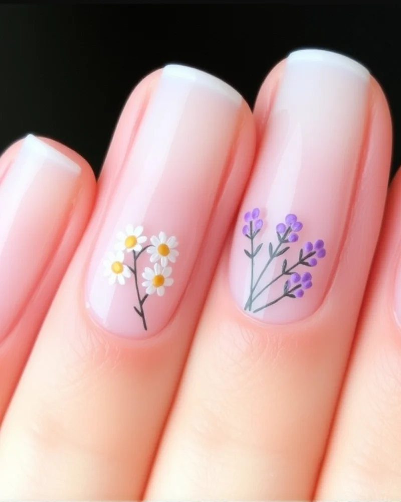 Delicate, hand-painted daisy and floral art on short, rounded nails with a sheer white base coat, perfect for a spring garden party.