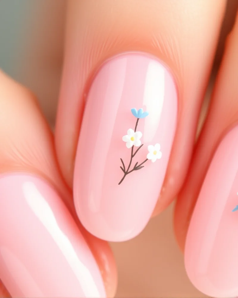 10 Dreamy Pastel Nail Designs You Need to Try This Season 5 Almond-shaped nails with a soft pink base and one accent nail intricately decorated with tiny, hand-painted pastel blue and white flowers.