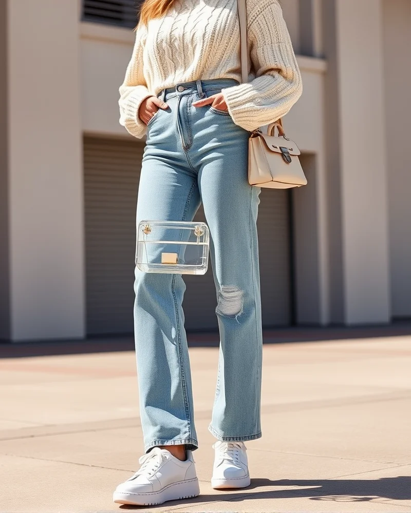 A woman wearing a cable knit sweater and light jeans, perfectly styled for a casual stadium outing.
