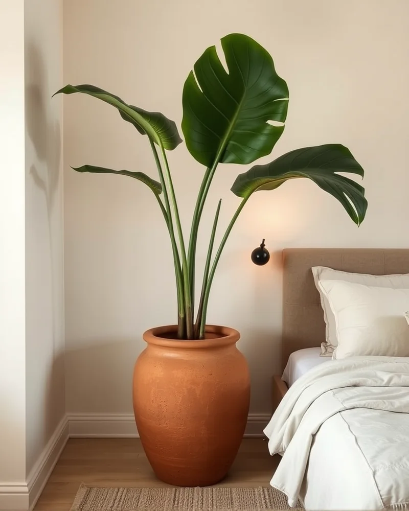 A calm, minimalist bedroom featuring an antique terracotta floor planter holding a large monstera plant next to neutral-toned bedding.