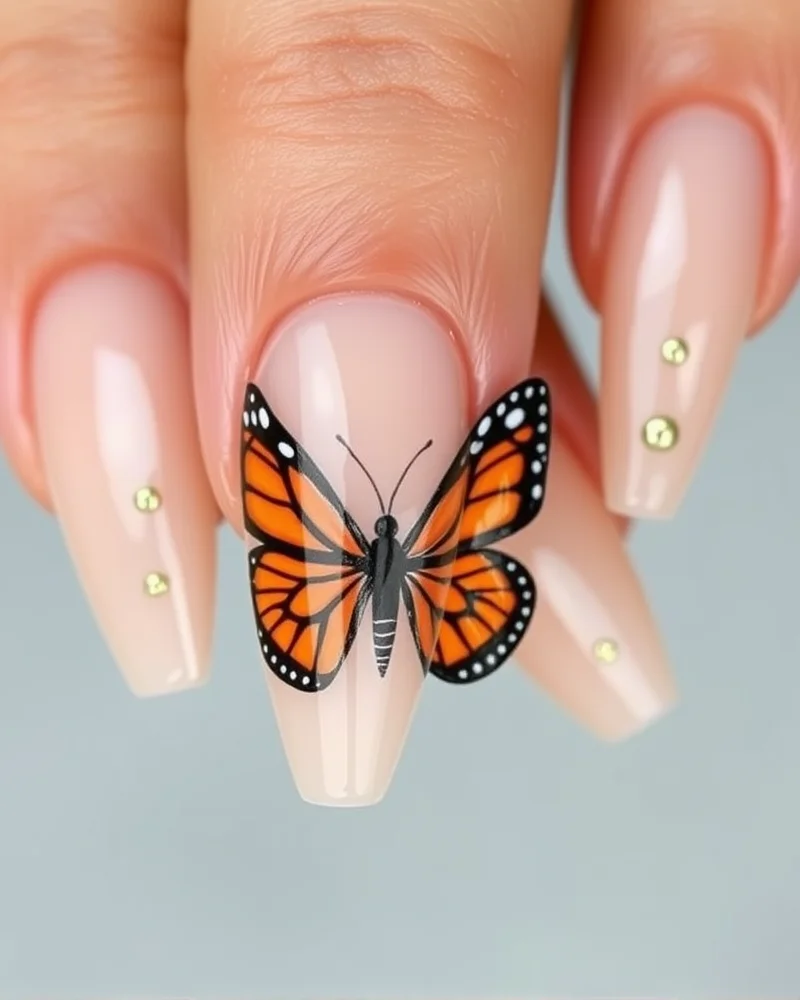 7 Dreamy Cottagecore Nail Designs That Will Define Your Aesthetic This Season 5 Coffin-shaped nails featuring detailed hand-painted monarch butterfly wing art on a neutral background.