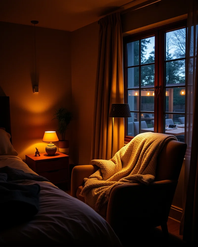 A moody, warm-lit bedroom corner with a weighted blanket draped over a velvet armchair, creating a relaxing sanctuary.