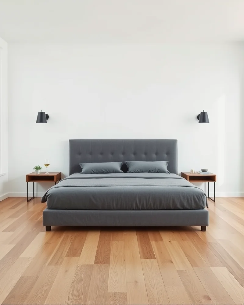 Minimalist bedroom featuring sleek, adjustable black wall sconces mounted on either side of an upholstered bed.
