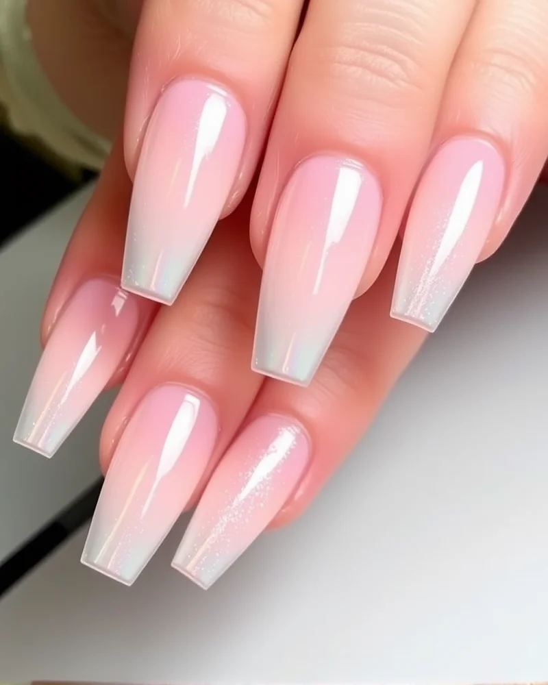 7 Viral Aura Nail Art Ideas That Will Elevate Your Manicure Game 5 Coffin nails featuring a soft peach aura gradient underneath a pearlescent chrome powder finish.