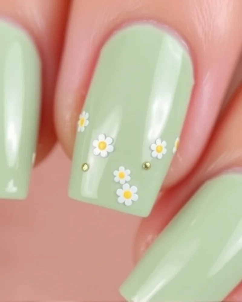 Short, natural-shaped nails painted in a soft sage green with tiny white daisies and delicate gold leaf flecks for a cottagecore aesthetic.