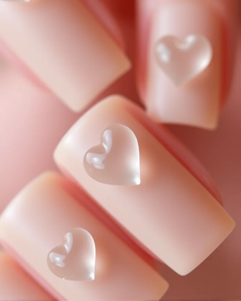 3D dew drop heart nail art on a matte nude base, creating a textured and unique look.