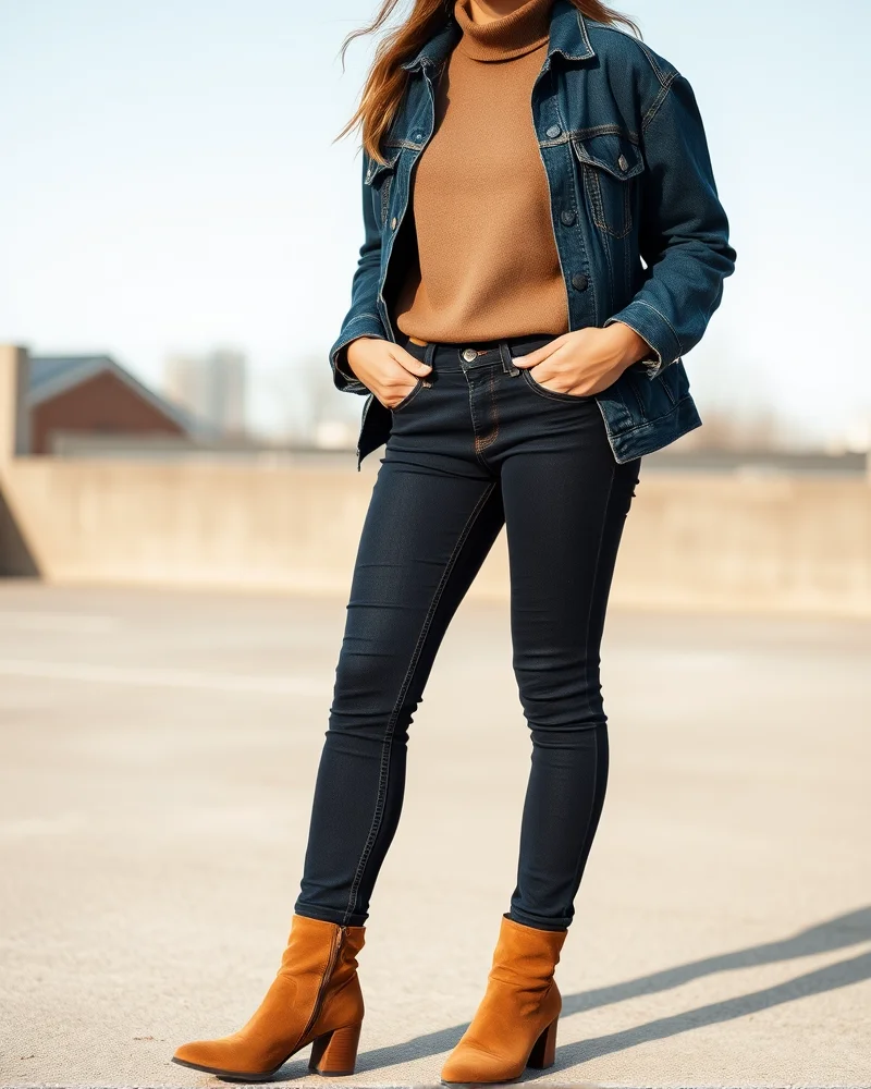 7 Viral Cold Weather Spring Outfits You Need to Copy Right Now 5 A woman wearing a dark indigo denim-on-denim outfit with a thin turtleneck, styled with tan suede booties in a sunlit outdoor area.