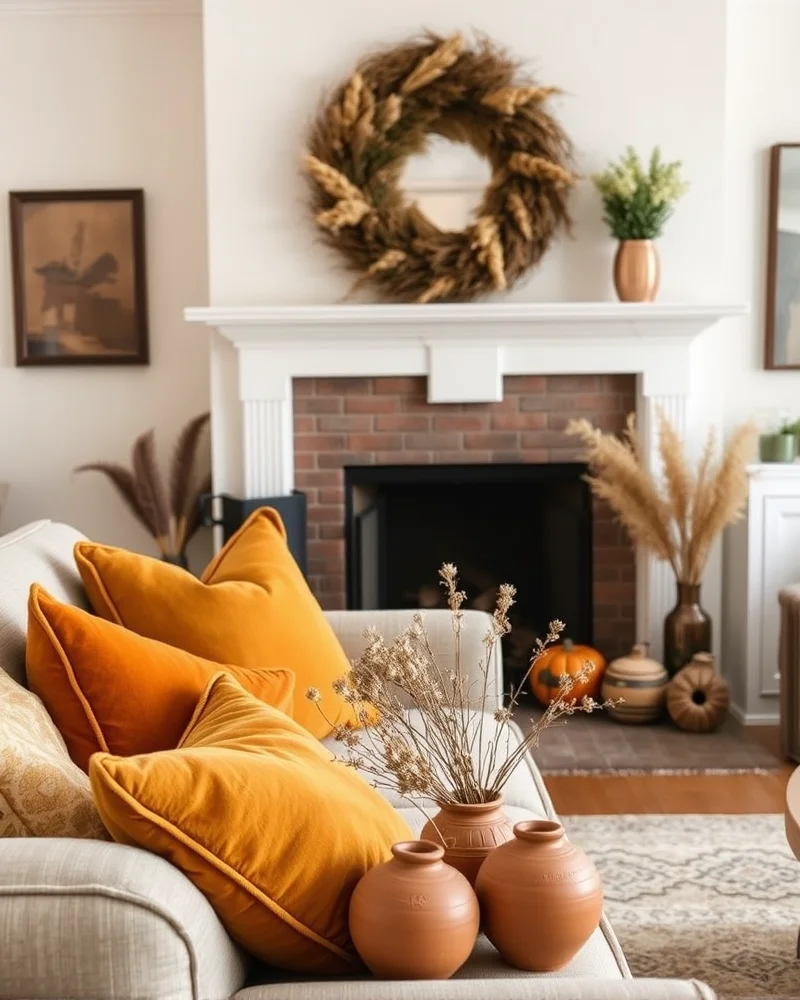 7 Viral Throw Pillow Combinations to Instantly Elevate Your Living Room 5 An autumnal living room scene featuring mustard and terracotta throw pillows on a sofa, with vintage terracotta pots on the fireplace hearth.