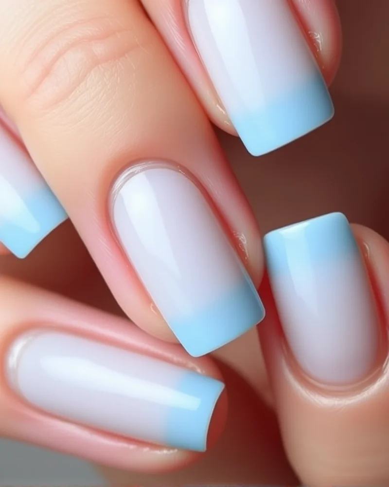 French manicure with a nude base and vibrant sky blue tips on square-shaped nails.