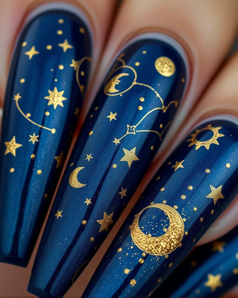 Long coffin-shaped nails painted in a deep midnight blue with delicate, hand-painted gold celestial patterns including moons and stars.