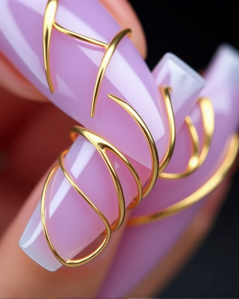 Coffin nails in lavender with ornate gold 3D metallic liquid ribbons, perfect for a high-fashion festival look.