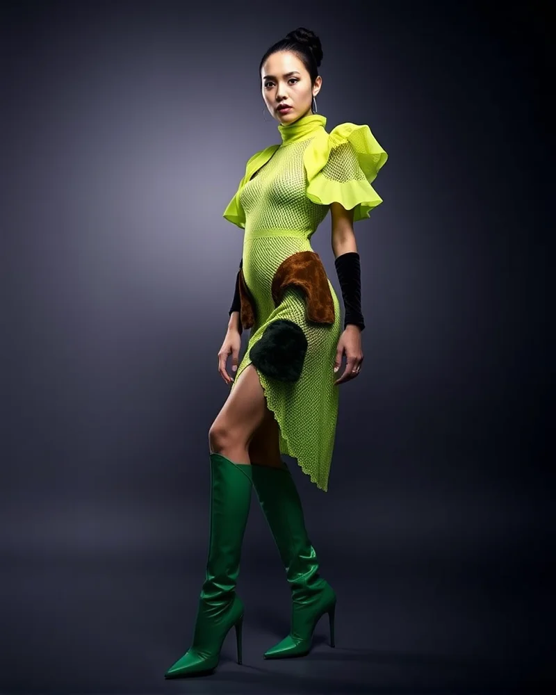 7 Viral Yoshi Costume Outfit Ideas for High-Fashion Street Style 5 A woman wearing an experimental, high-fashion dress featuring lime-green and emerald-green fabric textures.