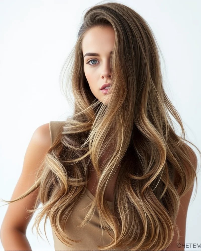 7 Viral Reasons Why Mushroom Brown Hair Is The Ultimate Fall Upgrade 5 A long-haired model showcasing a seamless ombré effect from a deep mushroom brown root to a light, ash-toned blonde end.