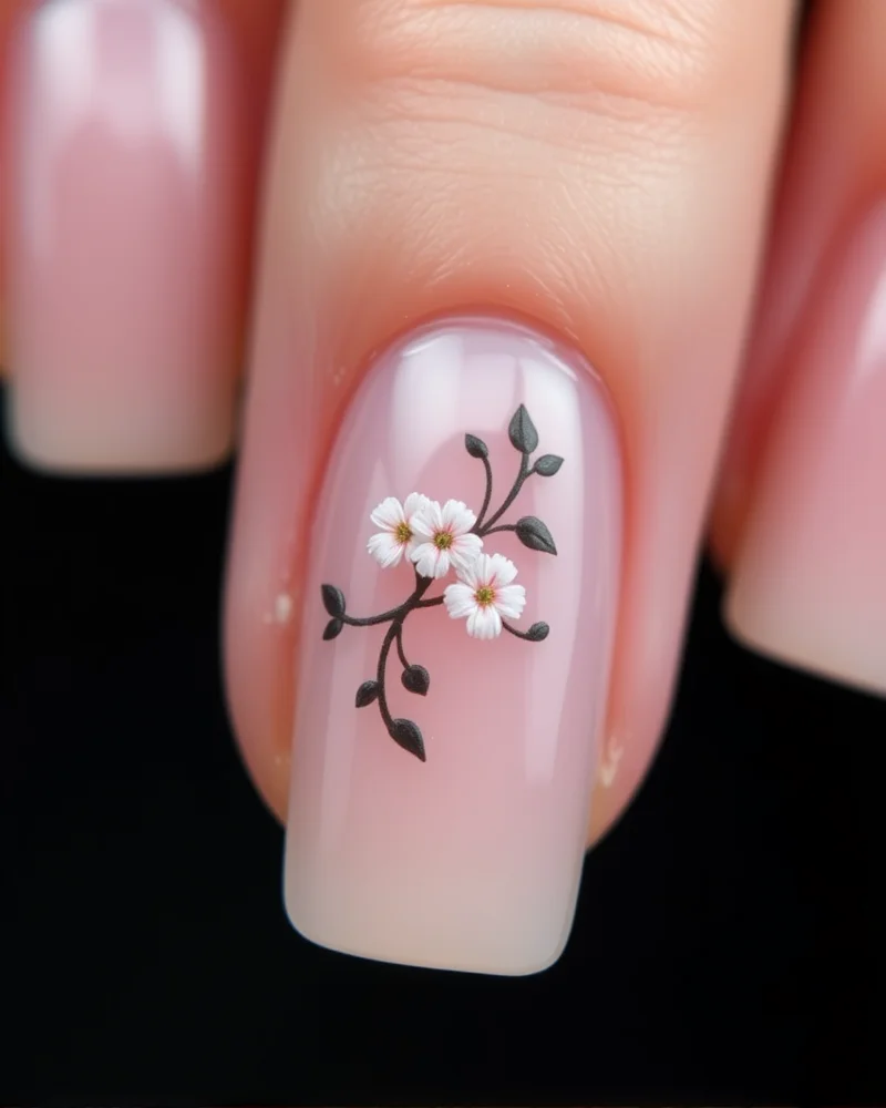 7 Viral Negative Space Nail Art Hacks You Need to Try 5 Square nails featuring delicate, artistic micro-floral painting on one corner, with the remainder of the nail kept in clear negative space.
