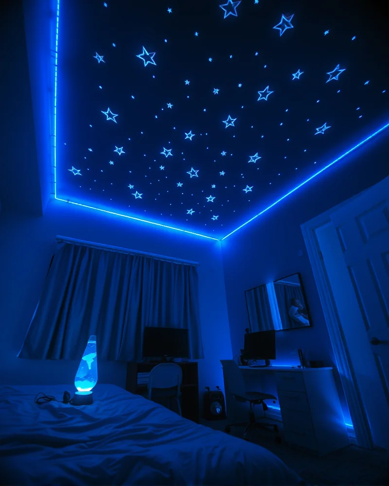 A bedroom at night featuring subtle blue LED accents and ceiling stars, creating a dreamy and nostalgic atmosphere inspired by the early 2000s.