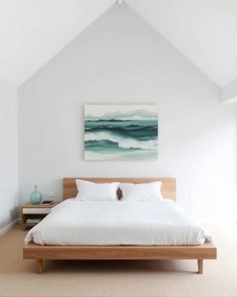 7 Dreamy Ways to Transform Your Bedroom into a Coastal Sanctuary 5 A clean, minimalist bedroom with an ocean-blue accent wall and very little clutter for a calm environment.
