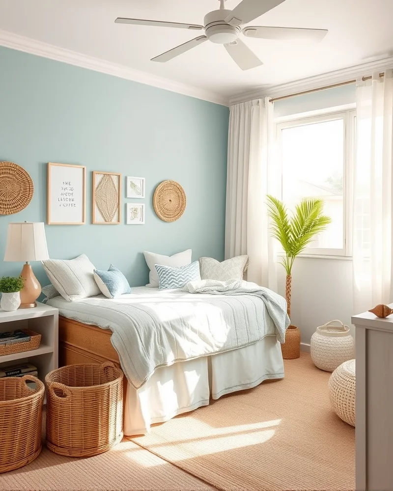 A dorm room interior styled with a coastal aesthetic, featuring rattan textures and a light blue and beige color palette.