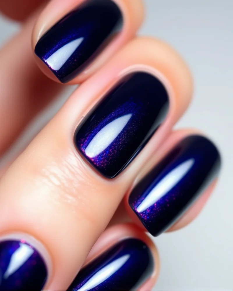 7 Viral 4th of July Nails Simple Ideas That Look Expensive 5 Stiletto-shaped nails showing a deep blue velvet magnetic polish with a red chrome shift, catching the light elegantly.