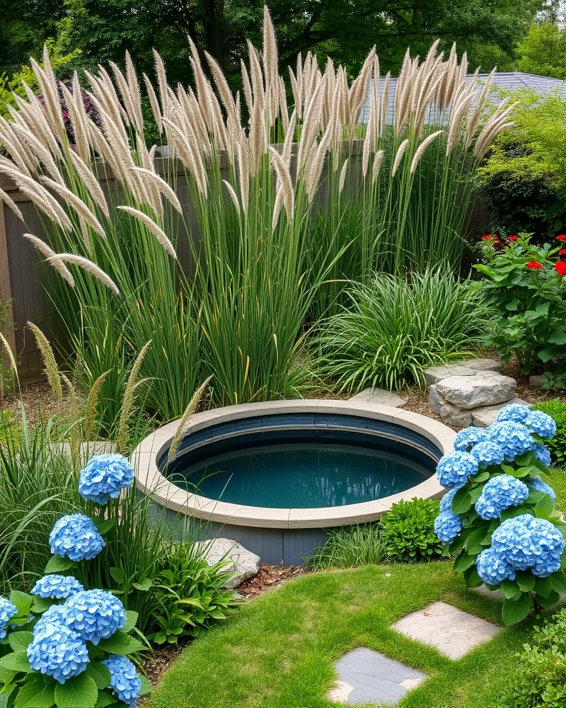 7 Viral Stock Tank Pool Ideas for a Luxe Backyard Oasis 5 A lush garden landscape framing a stock tank pool, featuring a mix of flowering perennials and ornamental grasses for a soft, natural appearance.