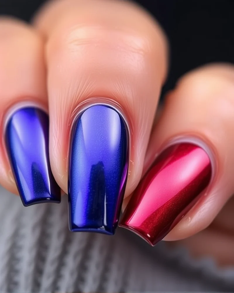 7 Viral Short Fourth of July Nails That Look Expensive 5 Close-up of short coffin nails with a shimmering red and blue velvet chrome finish that catches the light beautifully.
