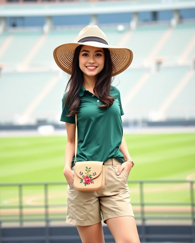 A woman accessorized with a straw hat and floral bag, pairing perfectly with a casual polo for a sunny game day.