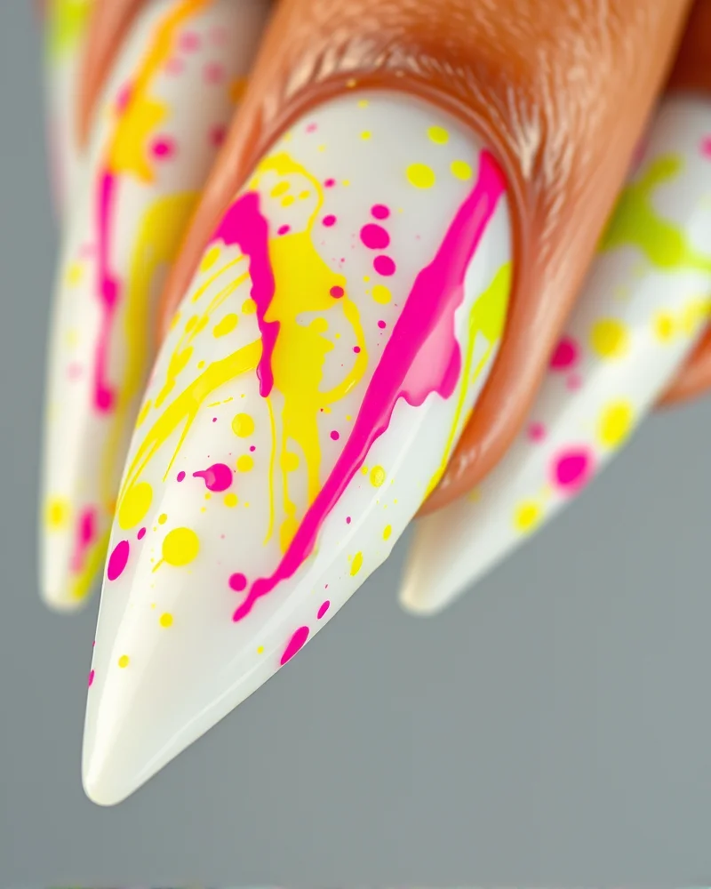 Stiletto nails featuring a milky white base with abstract neon paint splatters.