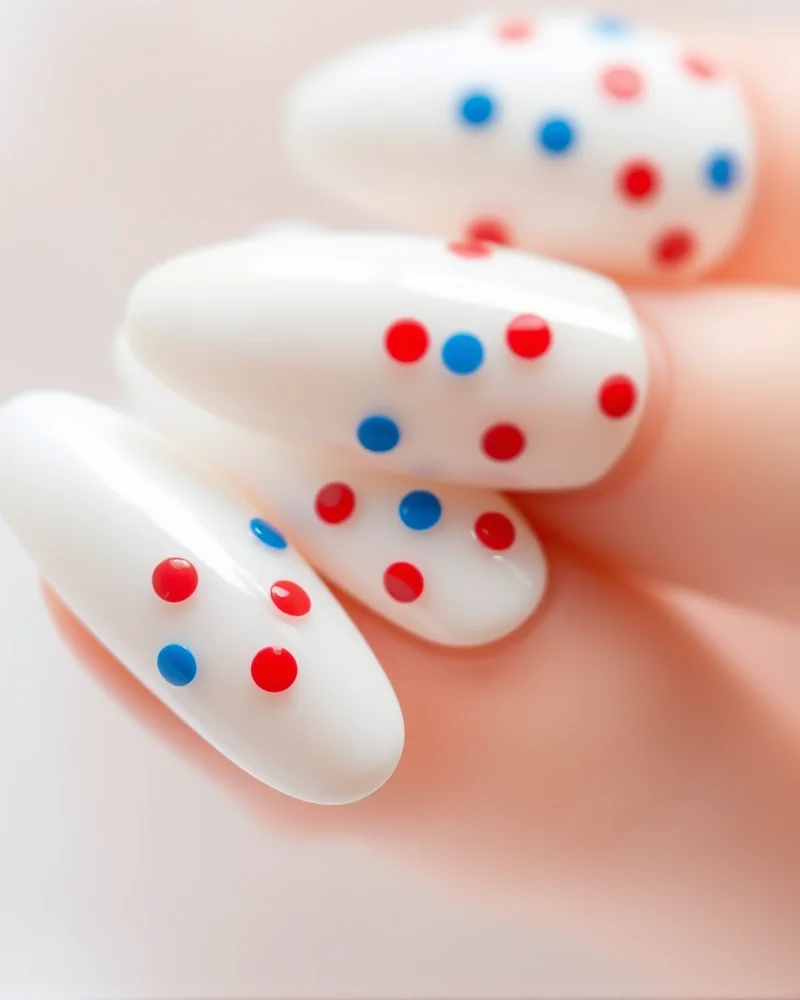 A close-up showing almond-shaped nails with a milky white base and colorful red and blue dots, resembling festive confetti.