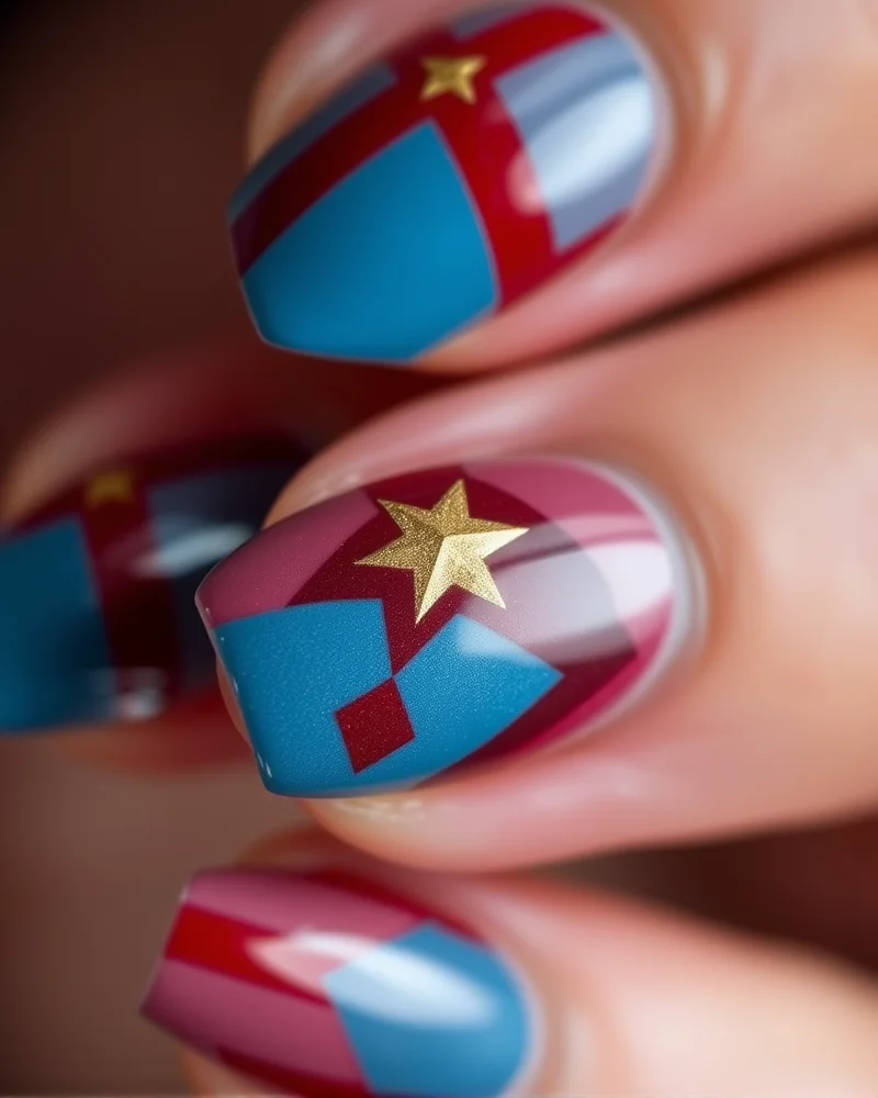 7 Chic Short 4th of July Nails Ideas to Elevate Your Holiday Look 5 Short coffin-shaped nails with negative space geometric shapes in red and blue, accented with delicate gold leaf.