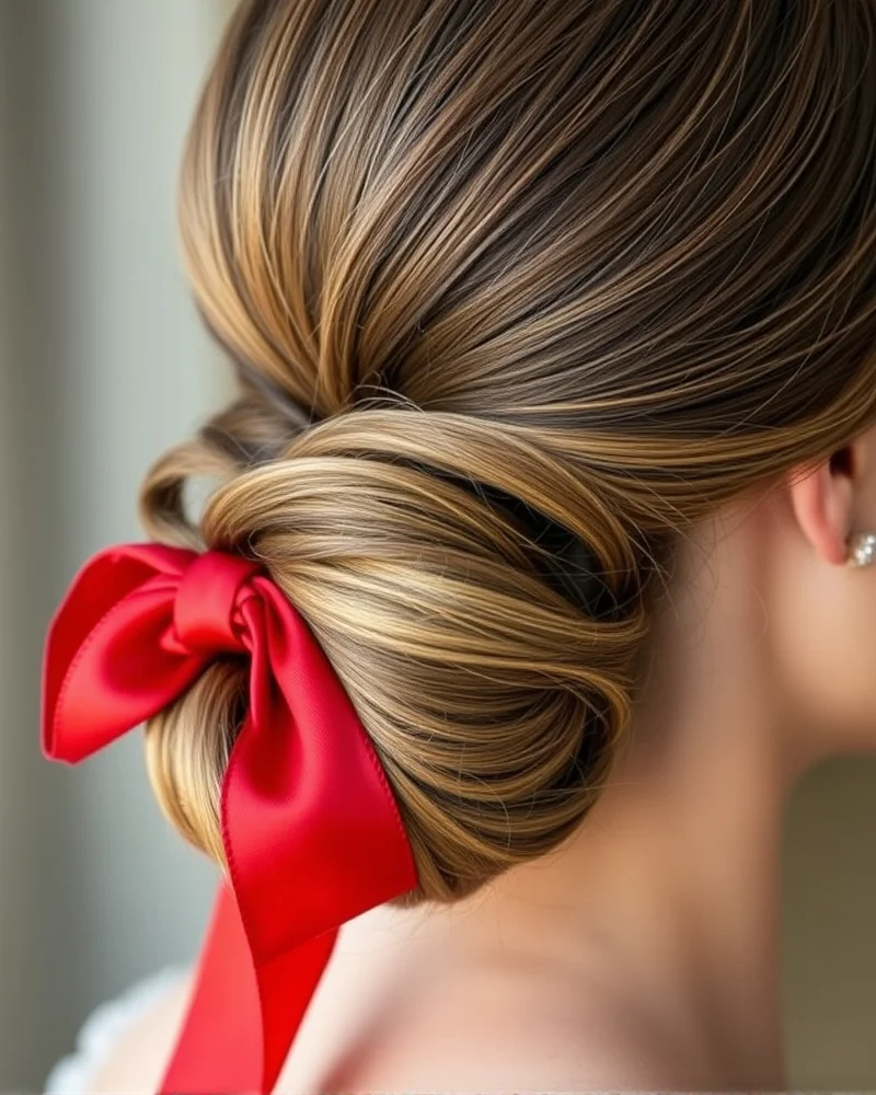 7 Fourth of July Hairstyles That Will Dominate Your Summer Feed 5 An elegant low bun hairstyle decorated with a soft silk red ribbon, emphasizing a sophisticated and festive look.