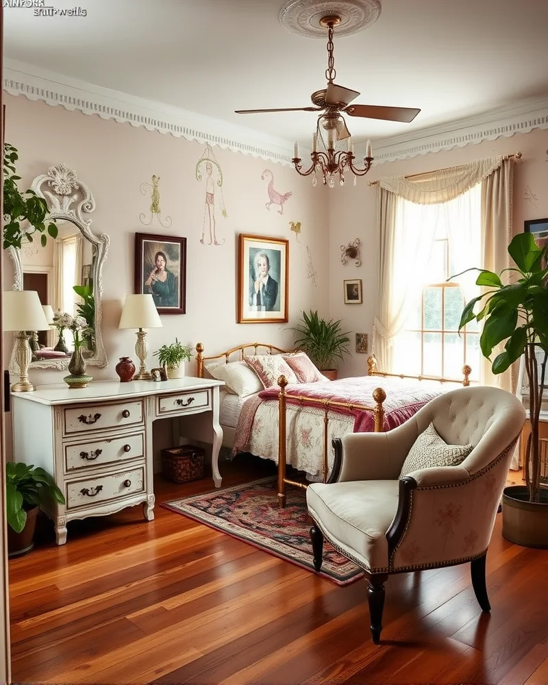 A bedroom featuring carefully curated vintage pieces like an antique vanity and brass bed, adding historical charm and whimsy.