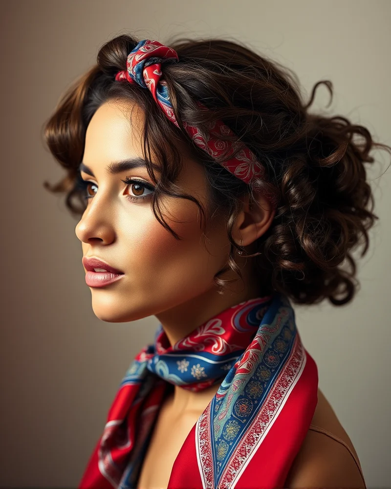 7 Viral 4th of July Hair Ideas That Will Own the Fireworks Show 5 Close-up of a woman with curly hair styled into a romantic updo secured with a patriotic-patterned silk scarf.